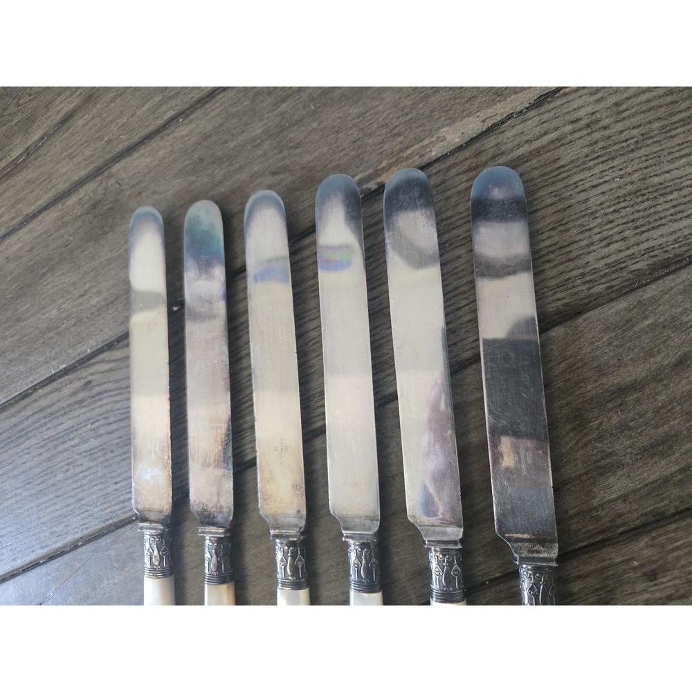 Antique J. Russell & Co. Butter Knives Set of 6 Mother of Pearl 1834 Spreaders - Picture 4 of 10